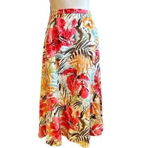 Talbots Silk Skirt Ivory with Pink Tropical Floral Print Flowy Midi size 16WP